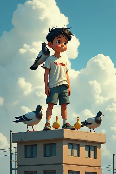 A boy stand on a building top ando on  the boy shoulder a pigeon sit and at the ground some duck playing and the boy t shirt middle name : yamin & pets 