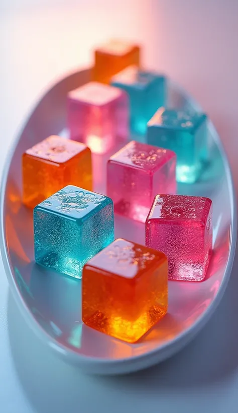  gelatin in oval cubes cut in half in crystalline-looking colors accompanying an exotic cocktail-type juice inside the GELIKOR
