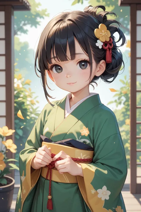 One girl, in a yellow green kimono, black eyes, black hair, cute hair ornament