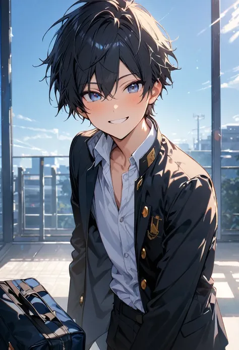  One Boy ,Age 15,smile,black color jacket ,gakuran, white open collar shirt,Soft light, blue sky,School Bags,Detailed skin,masterpiece,最 High Quality ,最 High Quality , High Quality ,