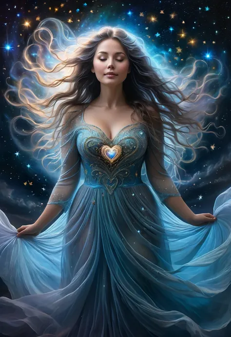 Ethereal mature chubby woman, radiating with a bioluminescent heart, embodying feminine dreams and desires, surrounded by a haze of mystic light, long flowing hair intertwined with stars, sheer gown billowing gently, heart pulsing with a soft glow, face se...