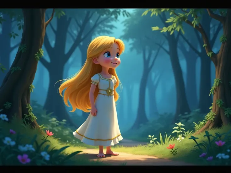  image for a cartoon story YouTube video in Pixar format. Aurelia Scene in the Magic Forest,  where Aurelia  girl with long blond hair,  dressed in a light white Call for Adventure dress:
 Every night Aurelia plunges into her dream world ,  that at first g...