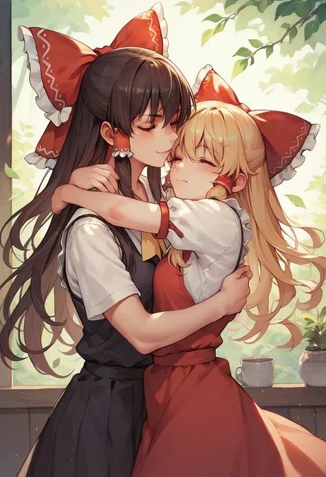 Anime style for middle school students。Hakurei Reimu and Kirisame Marisa are hugging。