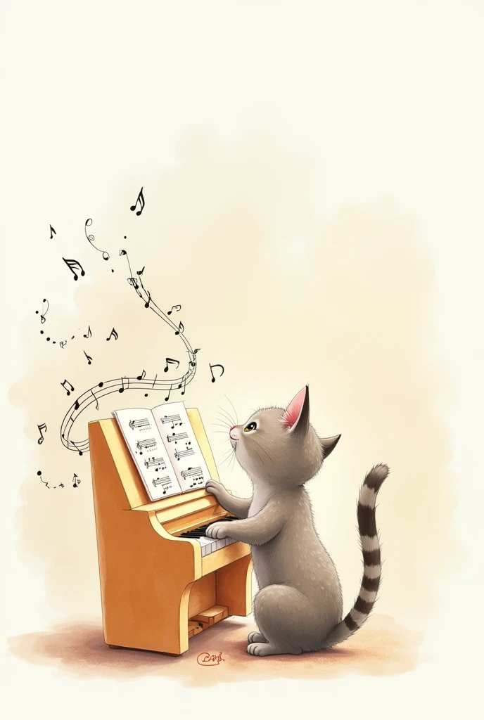 Its a light-colored watercolor painting 、 cat playing on a toy piano ！ There is a score on top of the toy piano, and a lot of notes flow like a melody from there！