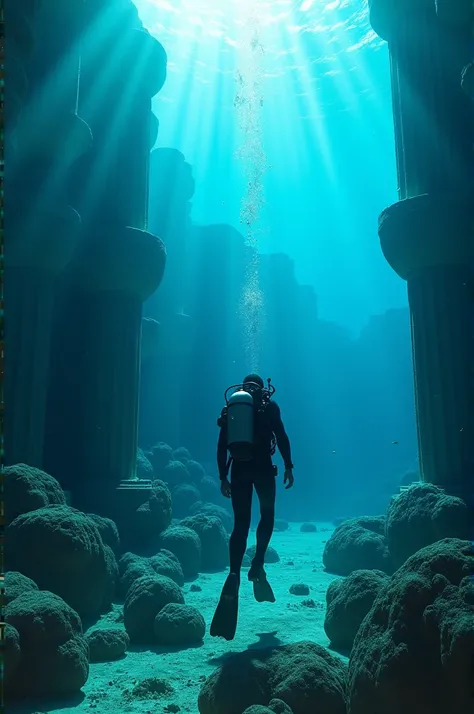 A diver underwater, wearing modern scuba gear, present day, searching for remnants of Atlantis, in a deep blue ocean with beams of light filtering through, examining ancient ruins, background shows sunken columns and marine life, wide-angle shot, hyper-rea...