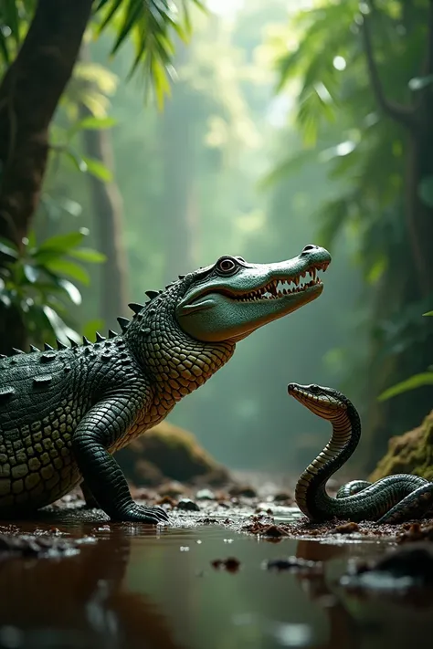 Hyper realistic cinemetic 8k Masterpiece with a full body crocodile and snake facing each other in the jungle