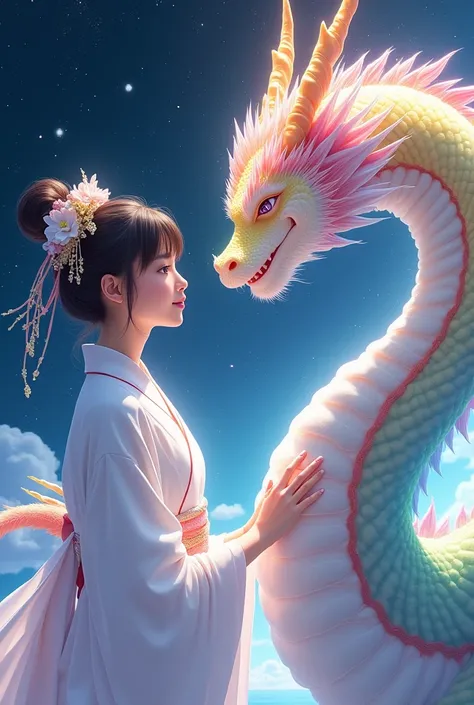 masterpiece,  best quality,Japanese Dragon God、白い着物に身を纏う清潔感のある巫女とJapanese Dragon Godの虹色の龍、The fur is fluffy、Sparkling eyes、The background is space、 smiling gently 、Long and slender body