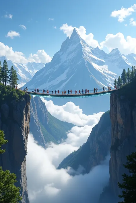  A suspended glass bridge connecting mountain peaks, offering a breathtaking experience of walking in the sky.