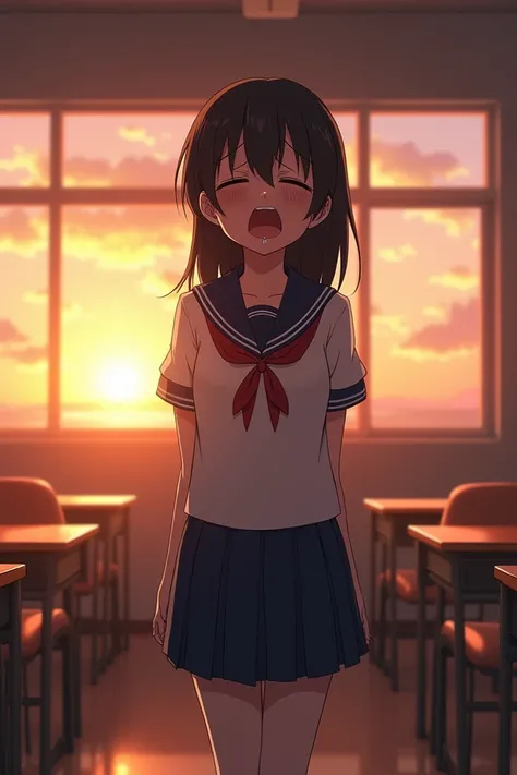 Anime girl with Japanese uniform is crying wail in her class at sunset 