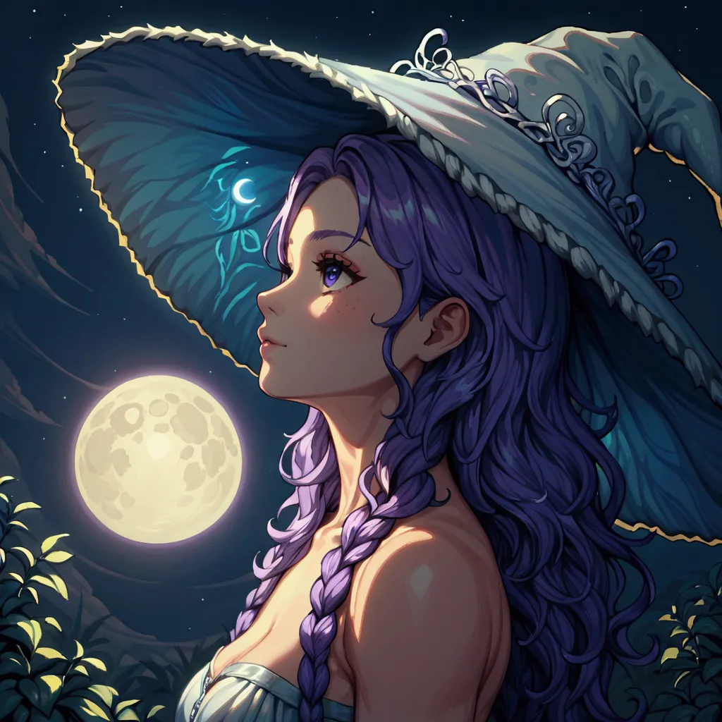   score_9,   score_8_up,   score_7_up, fantasy、 pixel art , Ranni The Witch(profile view), side shot, she  is looking up the pale full moon sky, Purple Mist,masterpiece,  digital art, High Quality ,  Hi-Res, 