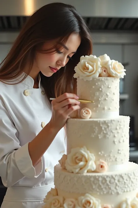  Beautiful pastry chef,  brunette  , bakes a wedding cake  