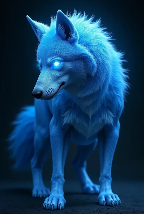 Make a image ( a blue wolf beast standing, Black background, light floating from beast eyes) show just upper body 