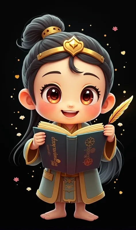 Realism ,"Adorable and wise animated book guardian character, combining the look of a martial arts protector and spiritual guide. The character has a childlike face with large, gentle eyes and a warm smile, wearing a golden headband with an emblem, black h...