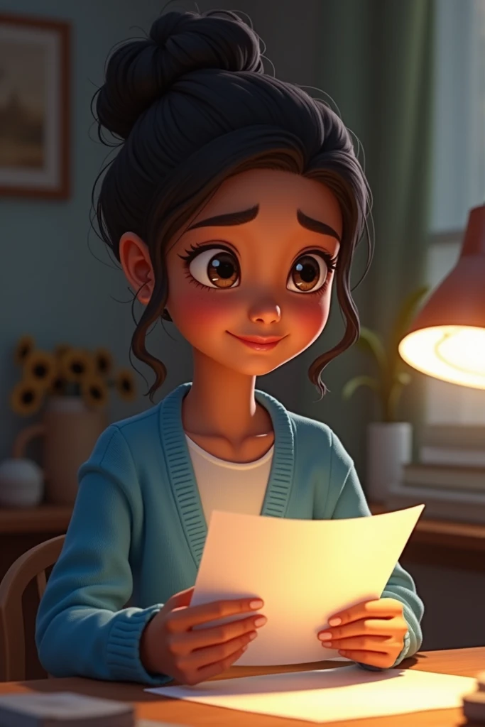   girl , Mixed Race,  blue sweater with blouse underneath, Letter in hand  