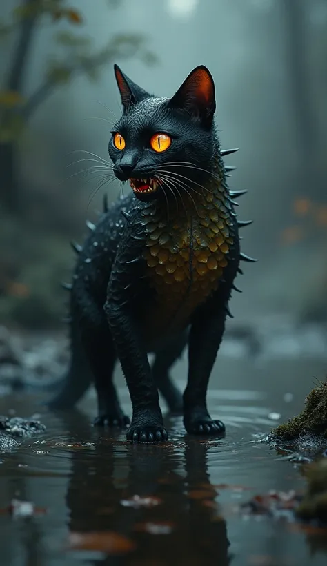  A creepy hybrid creature that is a hybrid between a cat and a fish.  Its body has the posture of a cat with shiny black fur that wet looking ,  but the lower part of its body is like a fish ,  with sparkling scales resembling predatory fish .  The eyes of...