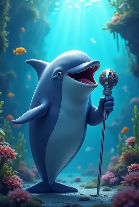 Singing dolphin holding a microphone
undersea background