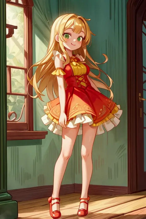 (Masterpiece, best quality) 1 girl, standing indoors with intricate details and sunlight, red and yellow frilled dress with short neckline, red shoes, blonde long hair, green eyes, smile, adventurous, sporty, physically fit, self-confident, beautiful long ...