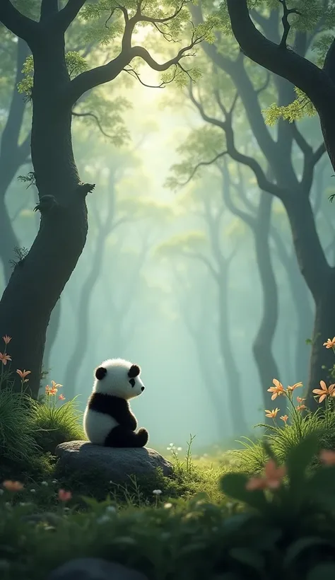 Scene 1: Discovery*

- Image prompt: A misty forest landscape with a small rock in the foreground, where a tiny panda cub (Ping) sits alone, shivering and looking around curiously.
- Keywords: misty forest, solitary panda cub, rocky outcropping.
