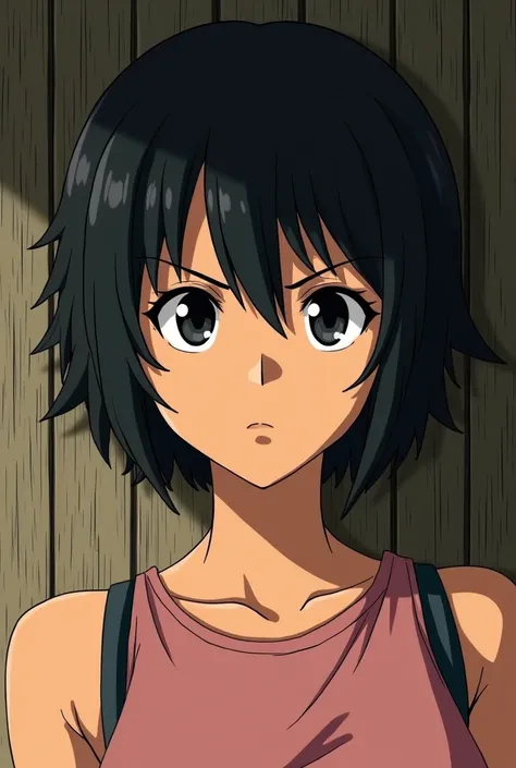 (Anime style) a young woman, tanned skin, black and short boyish hair, black eyes, sharp eyes, a mole on her nose, wooden wall background