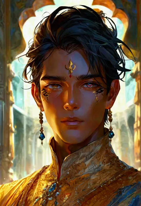 (Masterpiece), ((Highest Quality)),(Official Art),mystical epic: 1.2),(1 solo character: 1.3). An Indian man with light brown hair, dusky brown skin, light hazel eyes, and blue teardrop-like forehead mark. Clad in an Indian suit made of silk and cotton, ea...