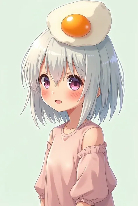  anime girl with a height of 1 .54, a boiled egg in her head ,  has white hair along with almost pink white clothes