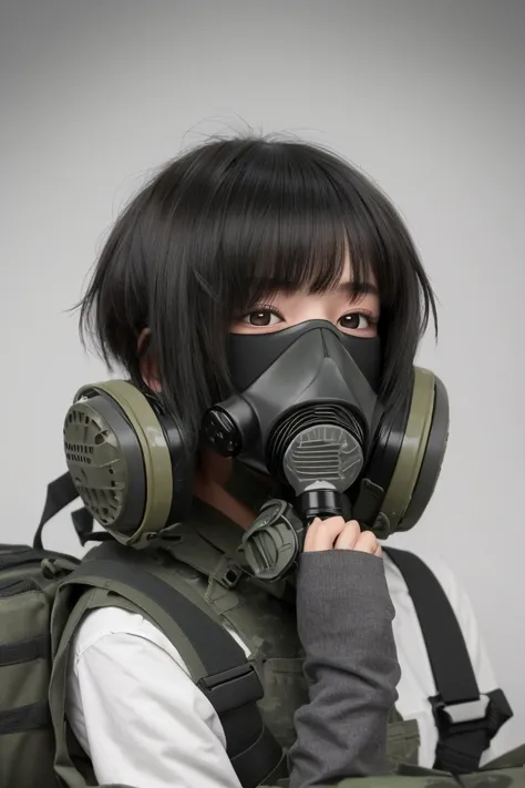 A girl with short hair is wearing a gas mask