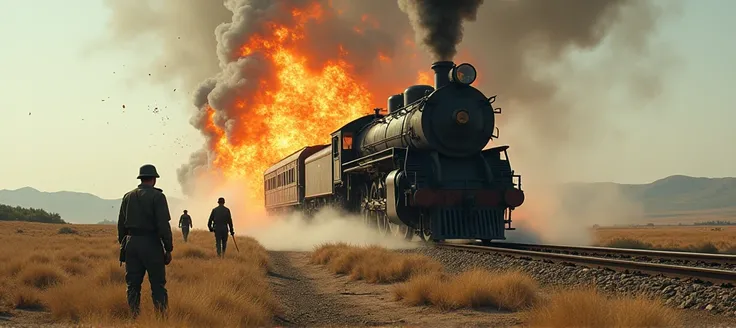 The train exploded， railway guerrillas，Anti-Japanese ，1990s， soldiers blow up train，war，Plains，steam train，Chinese