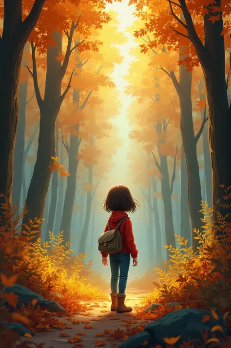 A  girl named Lila, with shoulder-length brown hair, wearing a red sweater and jeans, holding a small satchel. She stands at the edge of a dense forest on a crisp autumn morning. The forest is vibrant with golden leaves and a mysterious aura. Lila looks cu...