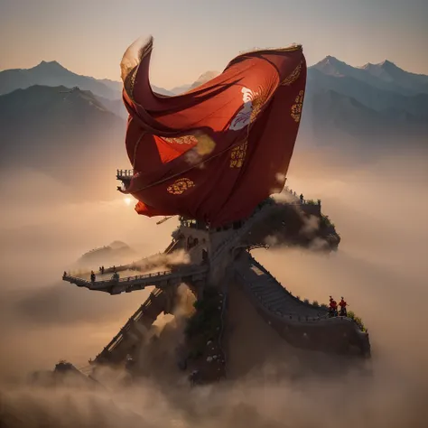 Simple background),five stars,national day,ancient Chinese architecture,the beauty of national style,Great Wall,distant mountains and flowing water,great riders and mountains,Three-dimensional,modelIvoryGoldAI,Red atmosphere,chunjie,