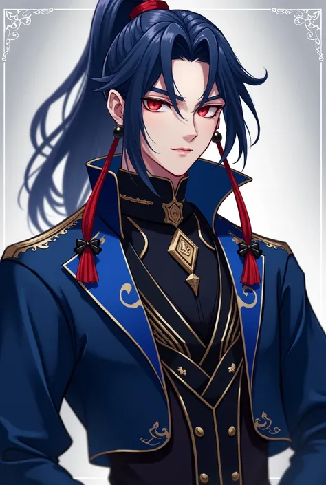 A young anime man with sharp red eyes represents long indigo hair with two red strands tied with a black ribbon , He has fair skin and wears all the beautiful and luxurious black fantasy clothes, such as the clothes of the nobles represented by a short Nil...