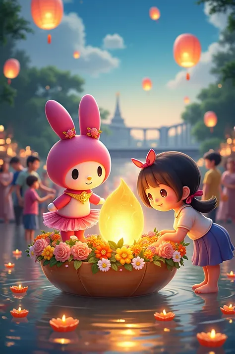 
"A pink krathong (floating lantern) with My Melody and Hello Kitty on it, decorated with rainbow flowers. There is green and white incense with a fire. A bridge is visible, with people floating krathongs. Some are collecting coins from the krathongs. 50 r...