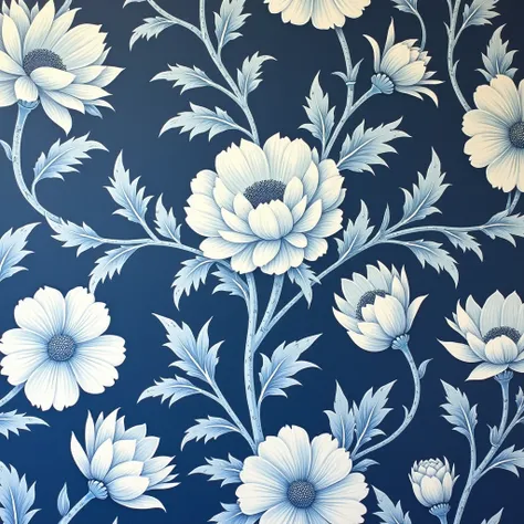 a close up of a blue and white floral wallpaper, rococo, baroque,
 inspired by Louise Abbéma, baroque wallpaper, chinoiserie pattern, 
floral wallpaper, james jean and petra cortright, dark flower pattern wallpaper