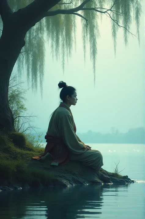 • A lone figure sitting on the riverbank, gazing into the distance, their posture reflecting a feeling of longing or deep reflection.

• The figure is dressed in traditional attire, symbolizing cultural roots and timeless love.

• A soft breeze rustles the...