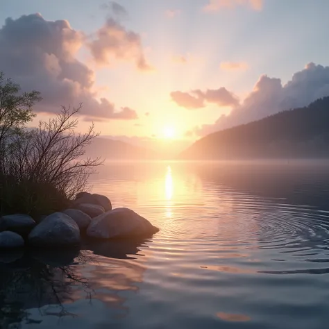 A peaceful lake under a twilight sky, with ripples spreading outward from the center and soft, low, calming colors.