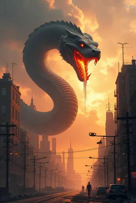  A giant snake attacked a city，It caused property damage 。 Fire snatched out of his mouth ， and started a fire 。