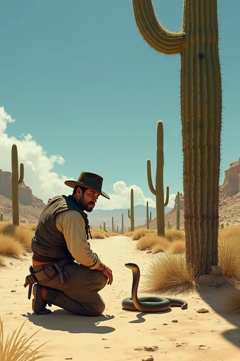 A person kneeling by a cactus in the desert, startled by a rattlesnake ready to bite.
