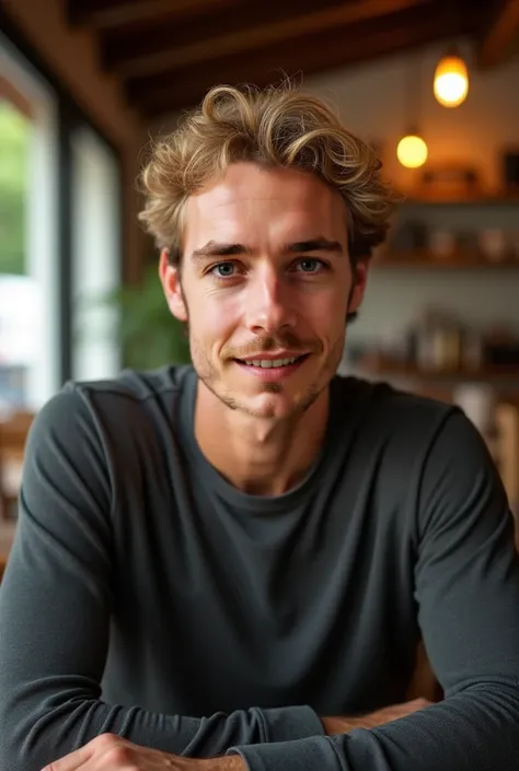 Man, 36 years old, sitting in a warm, inviting café. He has light blonde, curly hair that catches the sunlight streaming through the café windows, and striking hazel eyes with depth and detail. His facial features are ultra-realistic, showing fine skin tex...