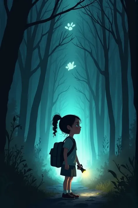 Lila the  girl stands frozen in the woods, looking startled. Her flashlight is in one hand, and her satchel is slung across her body. Surrounding her are faint, glowing whispers forming into translucent, ghostly shapes in the air. The forest feels darker a...