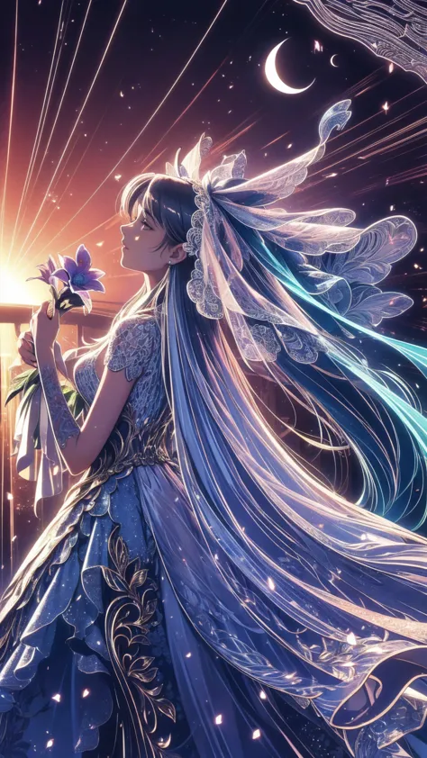  a woman in a wedding dress stands in front of a flower arch , とても魔法的でDreamy, Luxury Wedding, Dreamyおとぎ話,  Rich Pastel Color Palette , 幻想的でDreamyテーマ,  a long, luxurious flowing gown , Dreamy詳細,  fantasy style long intricate gown , Long luxurious complex gown, fairy tale setting:,  soft elegant gown , In a whimsical fairytale forest , Dreamy、Fantastic、 a woman in a white dress stands in front of a building with lots of flowers,  anime fantasy artwork,  anime fantasy illustration ,  Beautiful Artwork Illustrations, Beautiful anime artwork, Exquisite digital art,  Complex and Decorative Anime CGI Style ,  animated art nouveau space display , Beautiful anime art,   Beautiful Digital Artwork  ,  Beautiful fantasy anime ,  Detailed Anime Art ,  detailed digital anime art, Dreamyサイケデリックアニメ