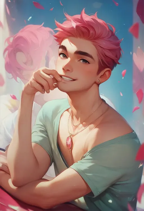 masterpiece, best quality, official art, 8k wallpaper, highly detailed, a cute boy with pink hair and sexy body boy, looks innocent. Boy not girl