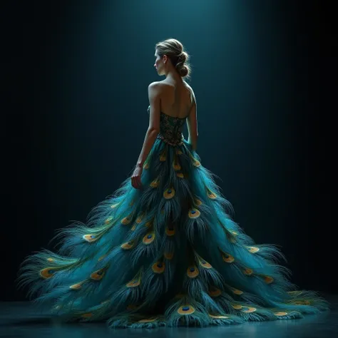  A graceful woman stands on a dimly lit stage, her hair elegantly styled. Her stunning figure with wearing a graceful fusion with a peacock. She should wear a dress inspired by the colors and patterns of peacock feathers, seamlessly blending human elegance...