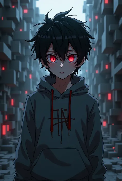 anime boy black hair red eyes gray sweater cool scary Minecraft background