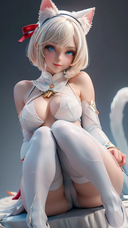  White Gradient Background  ((whole body)) (  Detailed Pale Blue Eyes )  detailed face ,  Advanced Filtering ,,  One Small-breasted Girl ， anatomically correct， Cat Shaped Headdress ，  short hair，  Teen Tail Blonde Hair , smile， Cat White Costume Outfit ， ...