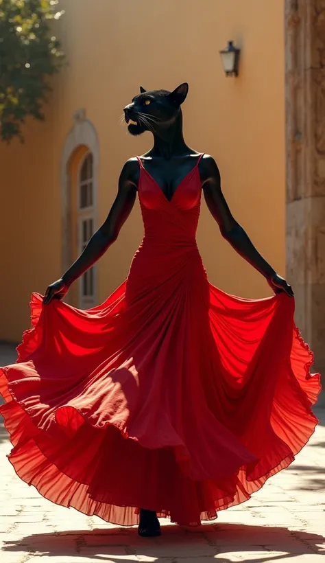 black panther as a female dancer wearing a red flamenco dress, dancing under the spanish sun, the head is a black panther and the body girl,includes the characters entire body, under the sunlight, realistic image, ultra high quality, 8k