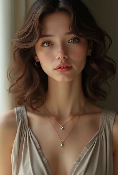 1girl, solo, glasses, curly_hair, short_hair, brown_hair, realistic, jewelry, dress, necklace, lips, upper_body, sleeveless