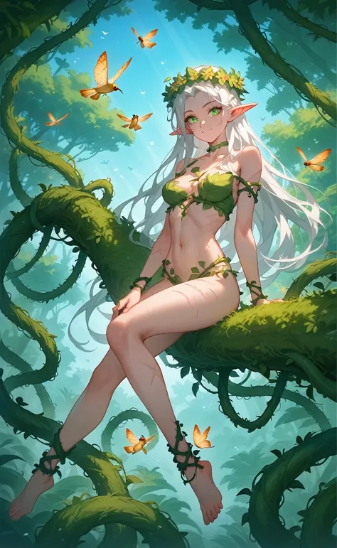 woman 30 years old, young woman, sexy woman, narrow waist, sexy, cute face, beautiful face, sexy face, upturned nose, big scar on her nose, green choker on her head, a wreath of greenery on her head, calm face, long elf ears, thin flat stomach retracted, t...