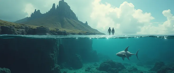 Une île rocheuse avec un paysage monde épique et fantasy sous un ciel nuageux, with a shadows of two young men with hoodies , with an underwater scene of a ruined lost world of a deep blue visible from below the surface, avec des rayons de soleil brillant ...