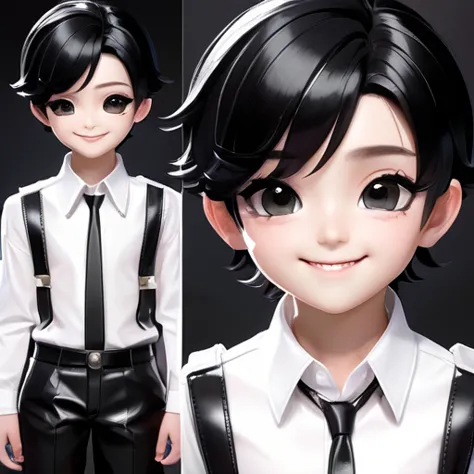 boy wearing black gloves、 black hair、short hair 、big eyes、shiny black gloves、 shiny black leather suit、 white shirt 、smile、3d