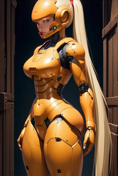 Samus aran without helmet, blonde, long high ponytail 