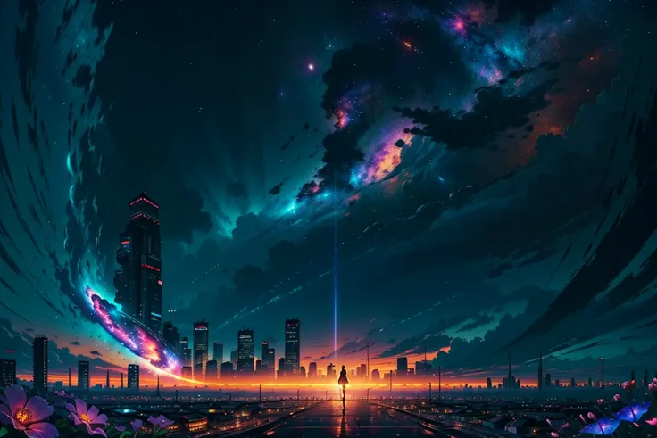  expansive landscape photography , (View from below with a view of the sky and street below), Cyberpunk girl standing in a field of flowers looking up, (take the key: 1.2), (shooting star: 0.9), (nebula: 1.3), distant city, tree breaking production art, (s...